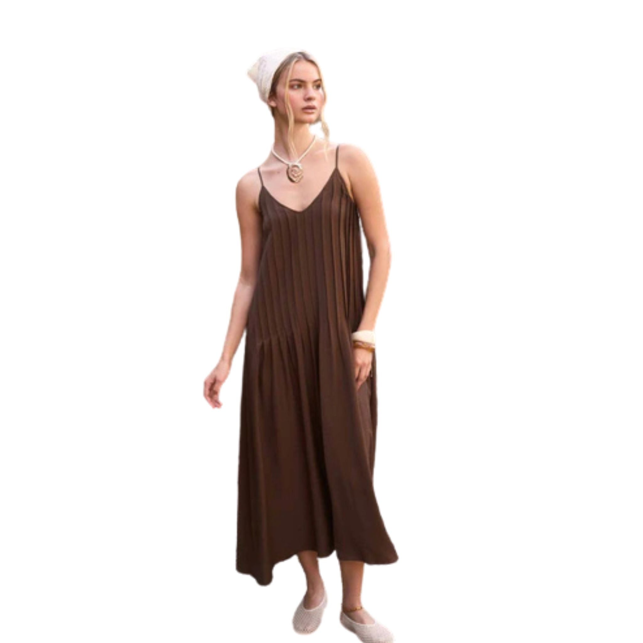 Avril Brown Pleated Sphaghetti Strap Maxi Dress