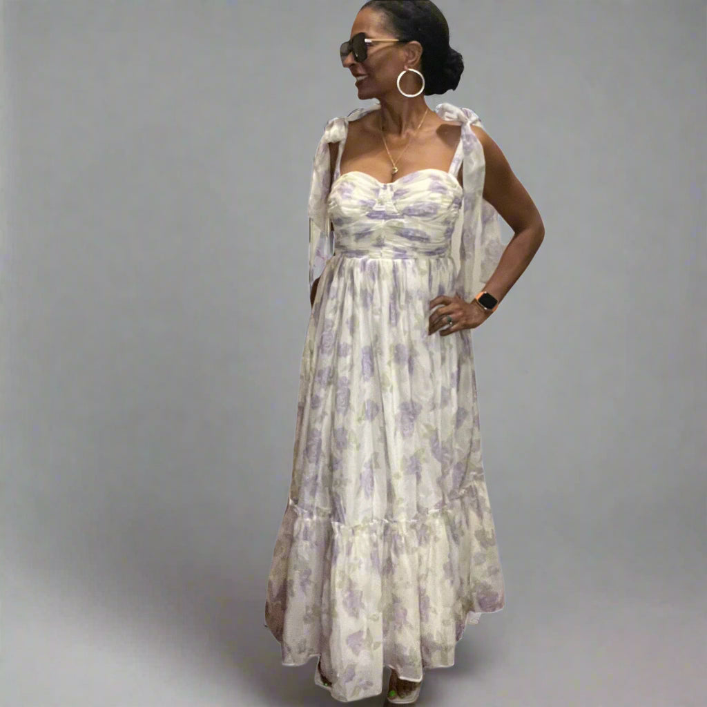 Fiona Floral Midi Dress with Shoulder Tie Large