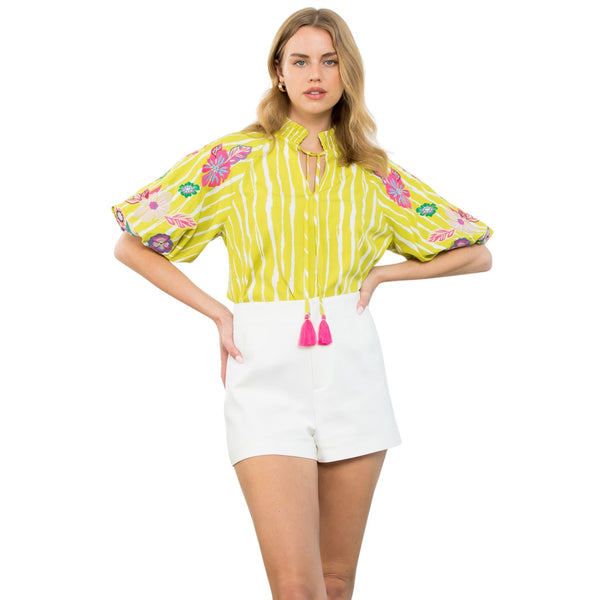 THML Lime Embroidered Puff Sleeve Striped Top
