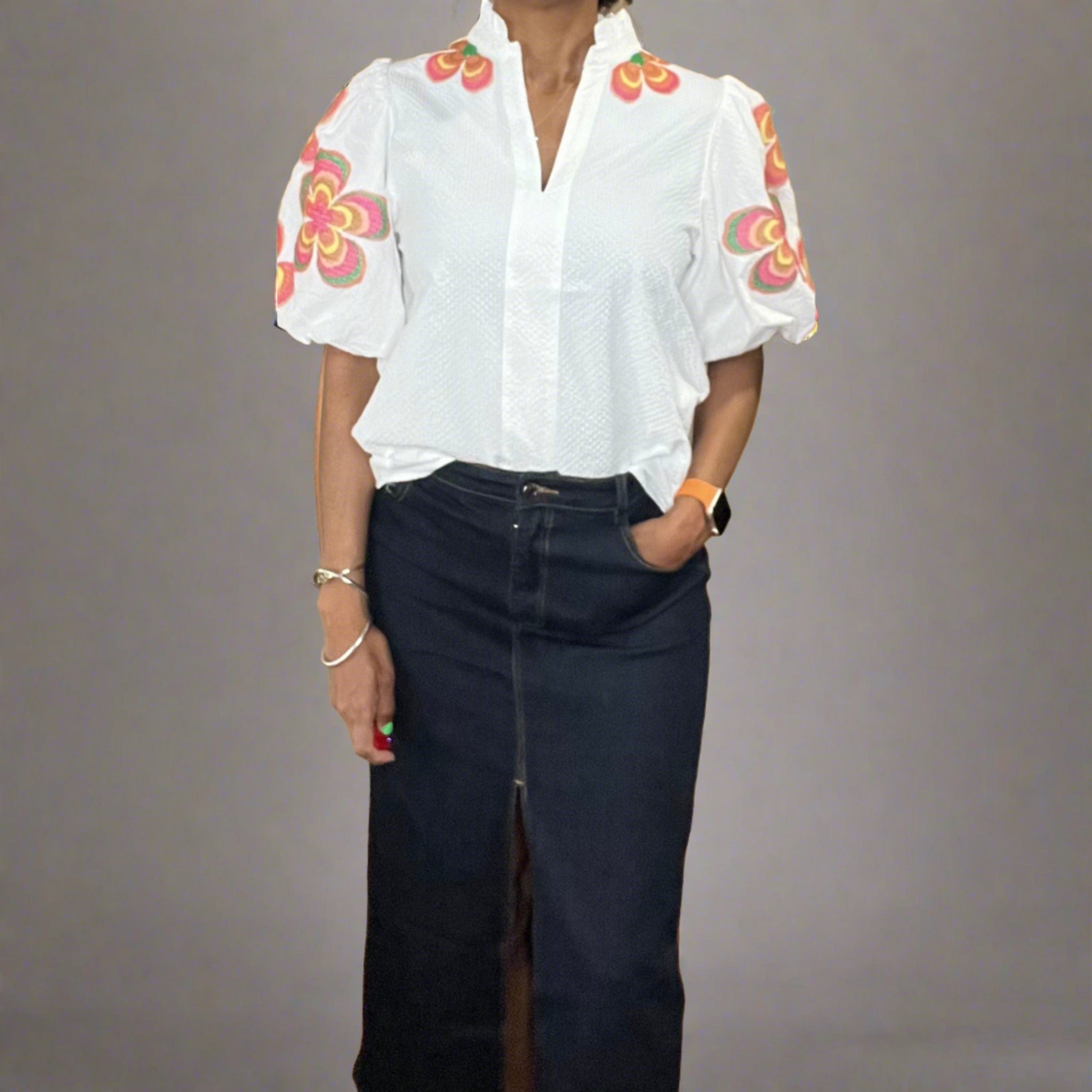 THML White Embroidered Puff Sleeve Textured Top – Von Lucy
