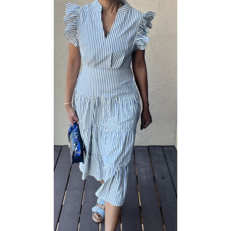 Navy and White Stripe Tiered Flutter Sleeve Midi Dress