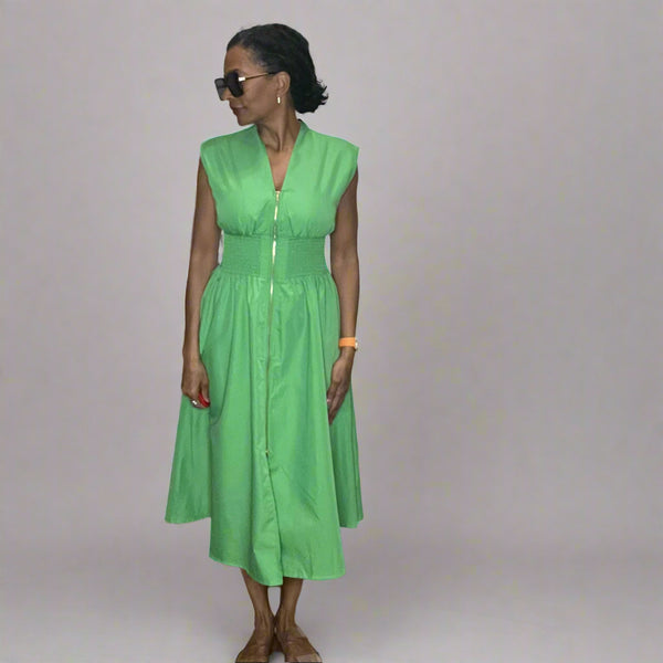 Aurora Green Solid V-Neck Midi Dress