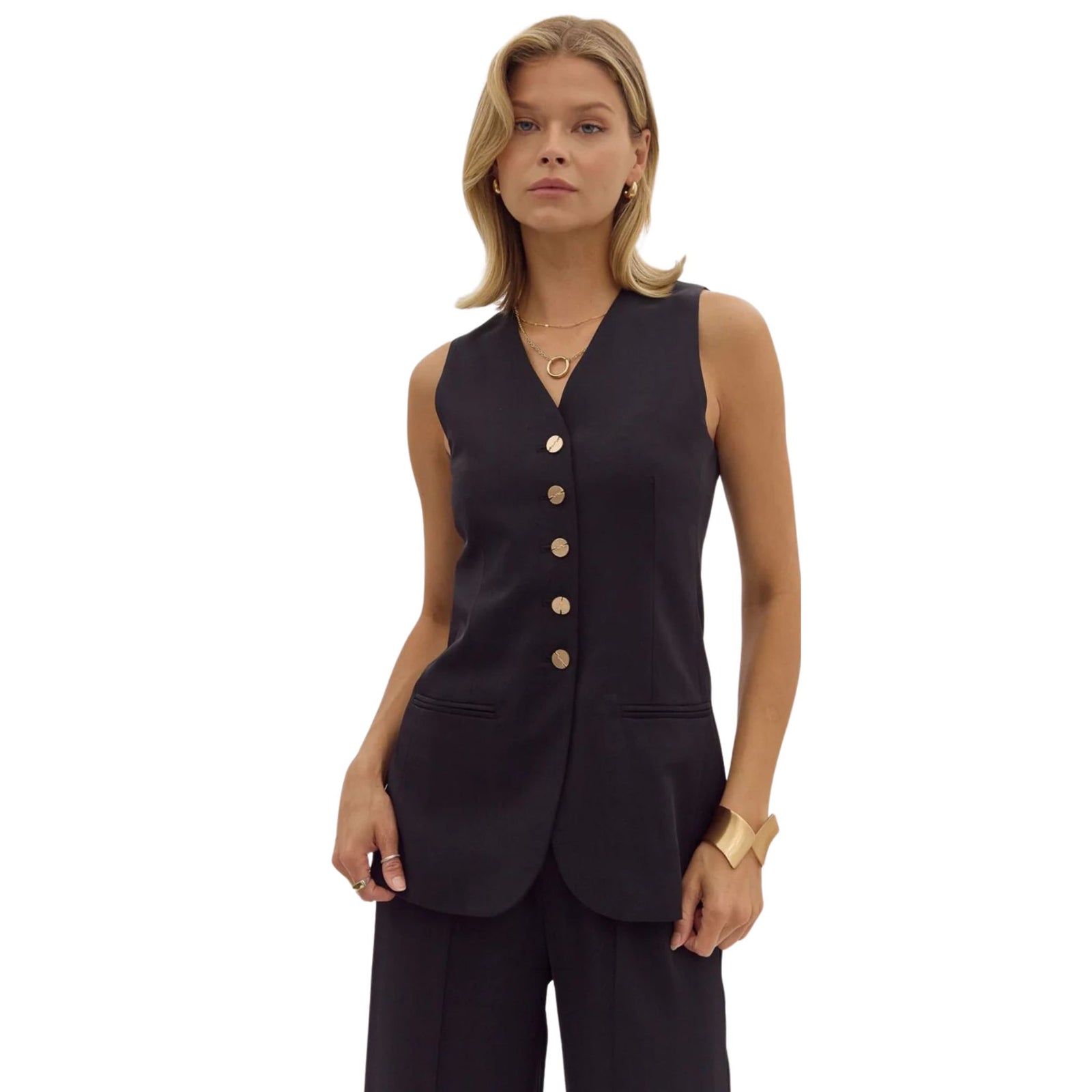 Kelli Black Vest with Gold Buttons – Von Lucy Mobile Boutique