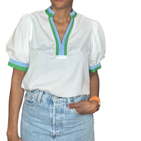 Blu White Bubble Sleeve Top with Band Detail on Sleeves