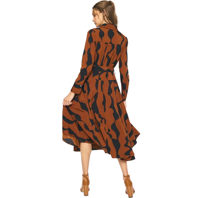 Brown Printed Button Up Collared Dress