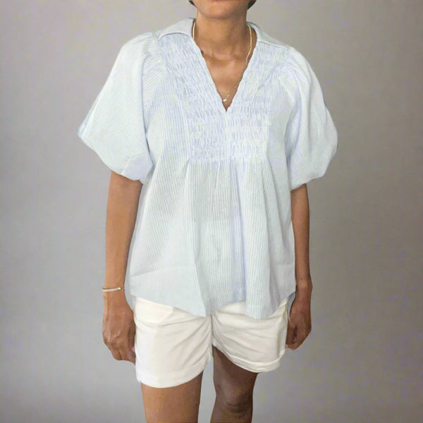 Candace Light Blue Smocked Stripe V-Neck Blouse