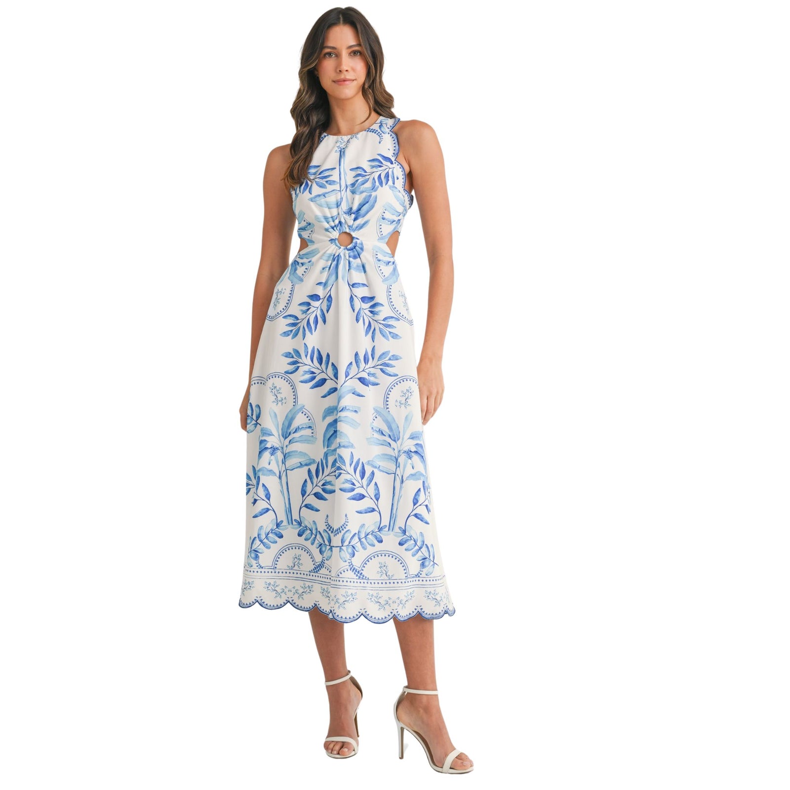 Chelsea Printed Cut Out Scallop Hem Midi Dress Large