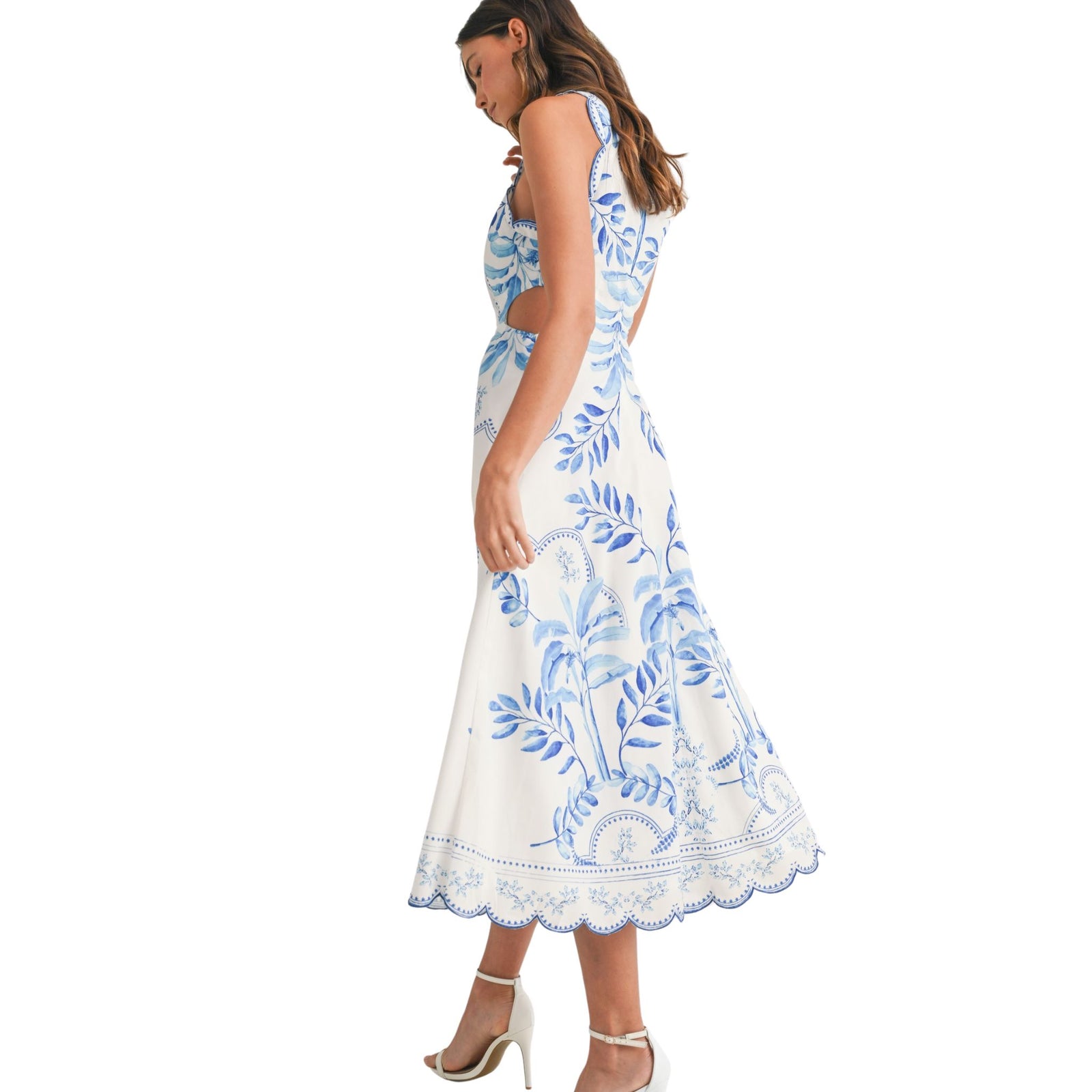 white christmas dresses Chelsea Printed Cut Out Scallop Hem Midi Dress Large