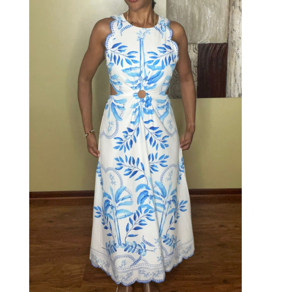 Chelsea Printed Cut Out Scallop Hem Midi Dress