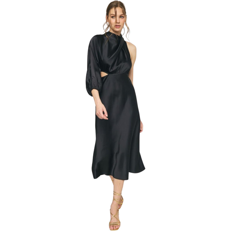 Claudia Satin Mock Neck Sing Sleeve Maxi Dress Featuring Cutout At Side