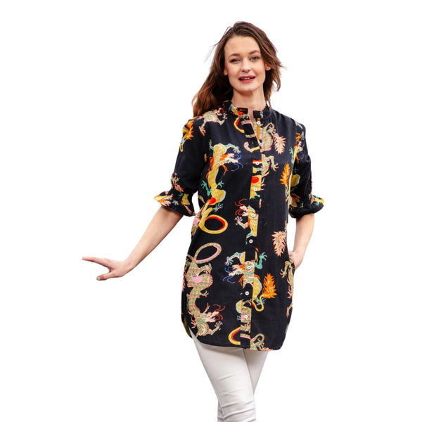 Dizzy Lizzie Big Shirt Tunic with Ruffle Black Dragon