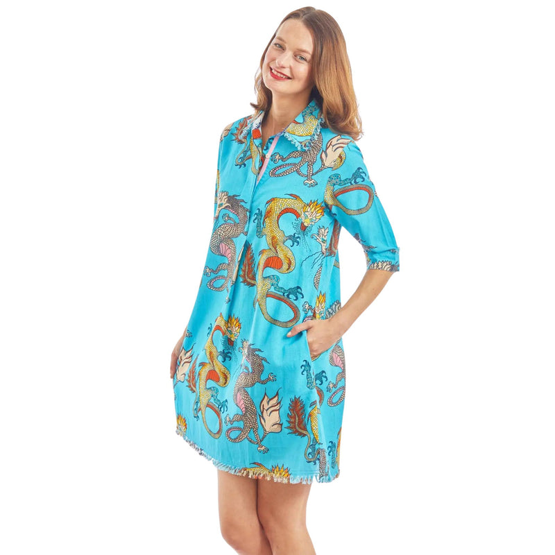 blue dragon dress Blue Qipao Dress Gold Dragon Embroidered Chinese Dress