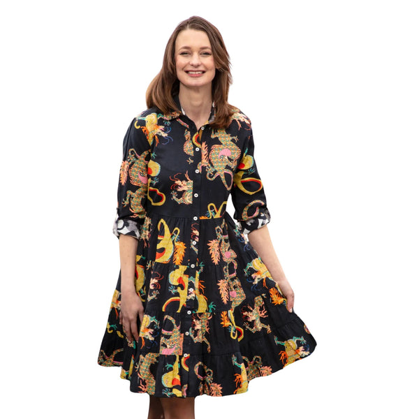 Dizzy Lizzie Delray Dress Black Dragon, Flounce Button Front