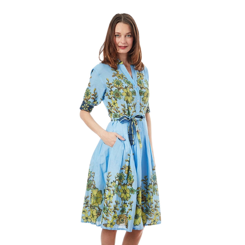 Dizzy Lizzie Mrs Maisel Light Blue Ground With Leaves Print Dress