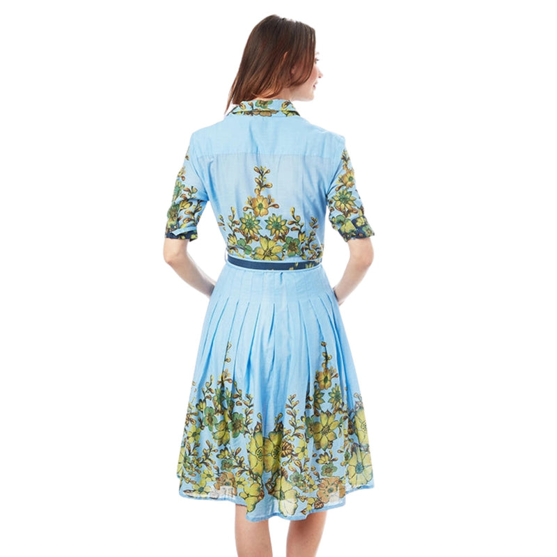 Dizzy Lizzie Mrs Maisel Light Blue Ground With Leaves Print Dress