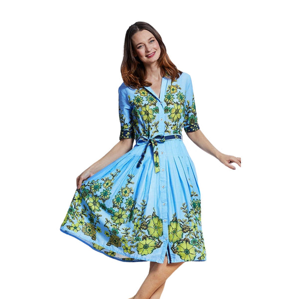 Dizzy Lizzie Mrs Maisel Light Blue Ground With Leaves Print Dress