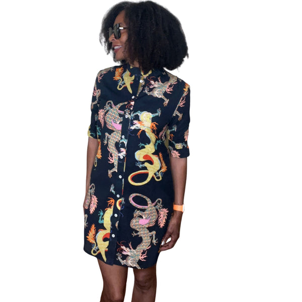 Dizzy Lizzie Big Shirt Tunic with Ruffle Black Dragon