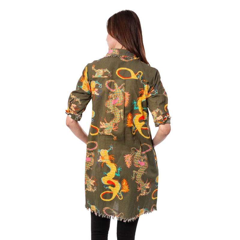 Dizzy Lizzie Chatham Dress Olive Dragon Print