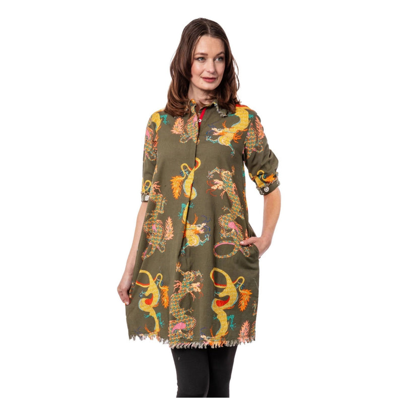 Dizzy Lizzie Chatham Dress Olive Dragon Print