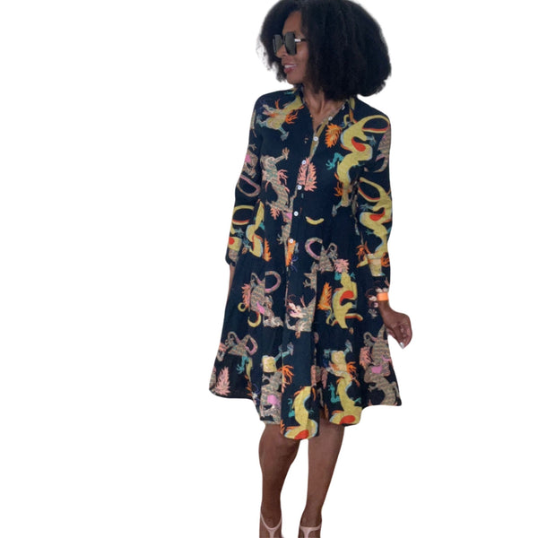 Dizzy Lizzie Delray Dress Black Dragon, Flounce Button Front
