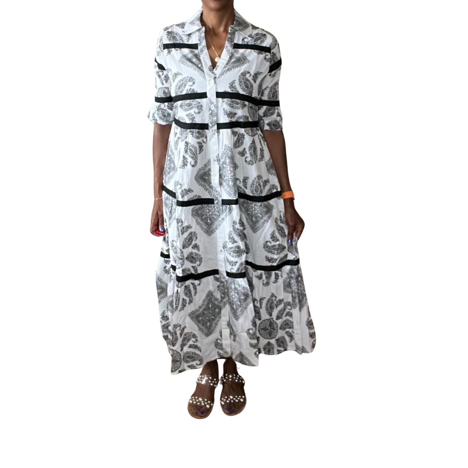 Dizzy Lizzie Flounce and Black Ribbons Black White Paisley**FINAL SALE**