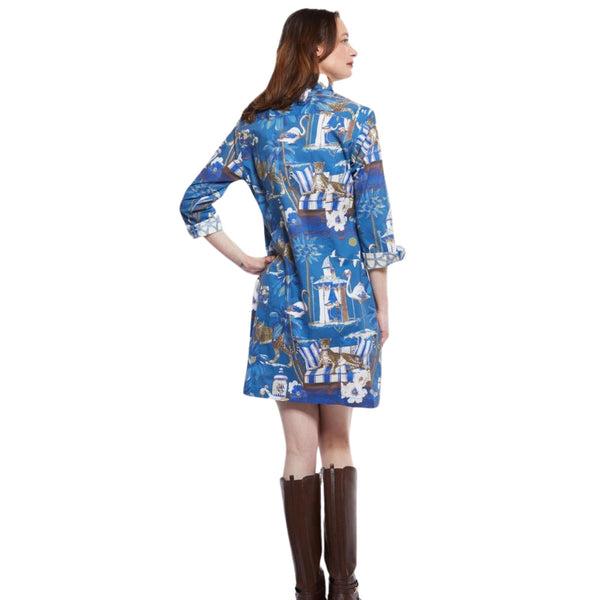 Dizzy Lizzie Sag Harbor Dress with Pagoda and Cheetahs On Blue Ground