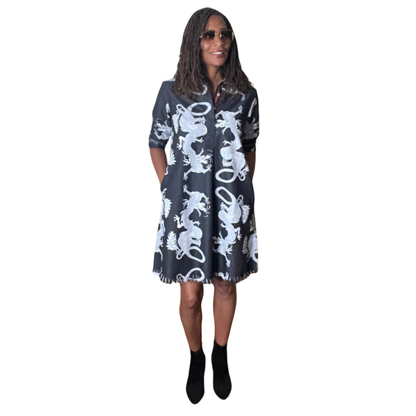 Dizzy Lizzie Chatham Dress Black Denim Dragon Print