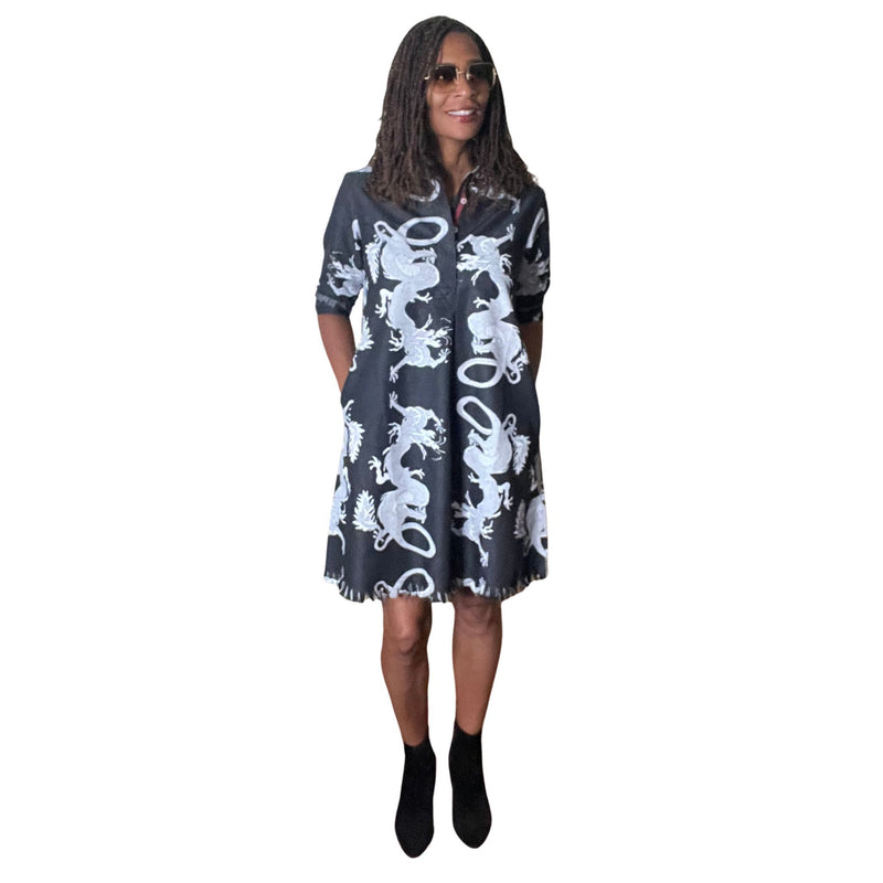 Dizzy Lizzie Chatham Dress Black Denim Dragon Print