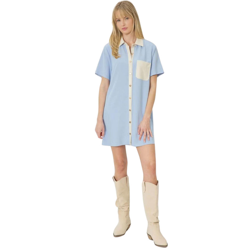 Retro Syle Blue and White Button Down Dress with Faux Leather Detail