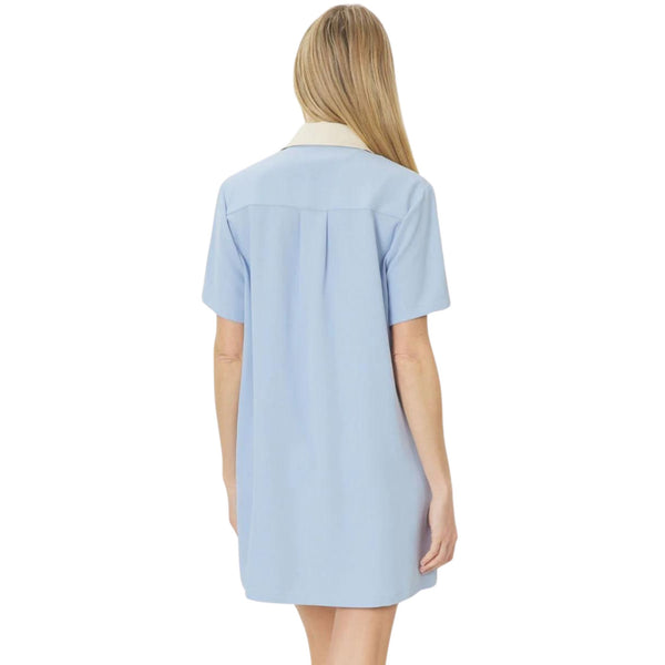 Retro Syle Blue and White Button Down Dress with Faux Leather Detail