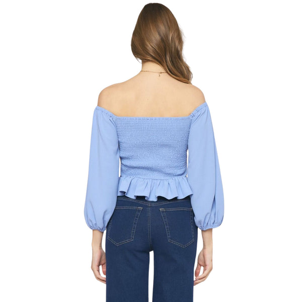 Blue On or Off the Shoulder Crossover Peplum Top