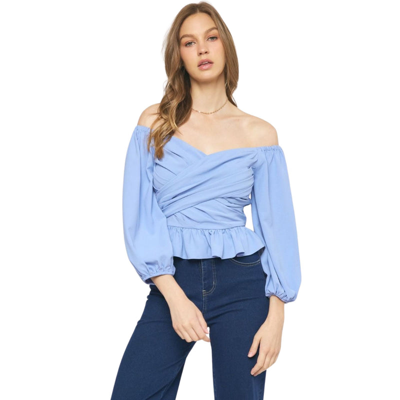 Blue On or Off the Shoulder Crossover Peplum Top