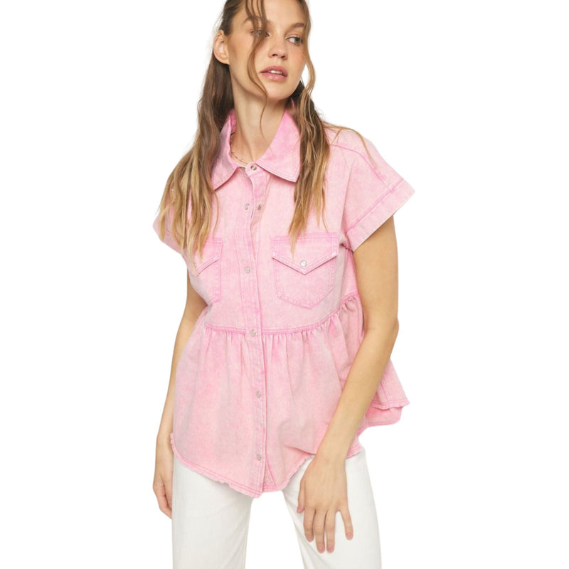 Pink Denim Button Up Collared Short Sleeve Babydoll Top