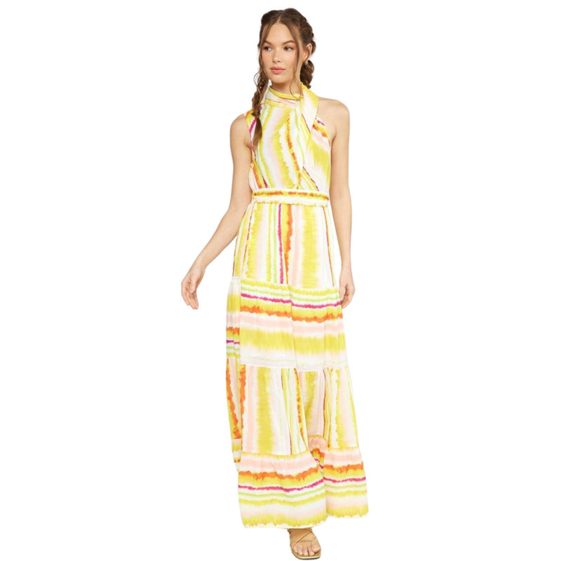 Yellow Print Sleeveless Tiered Maxi Dress