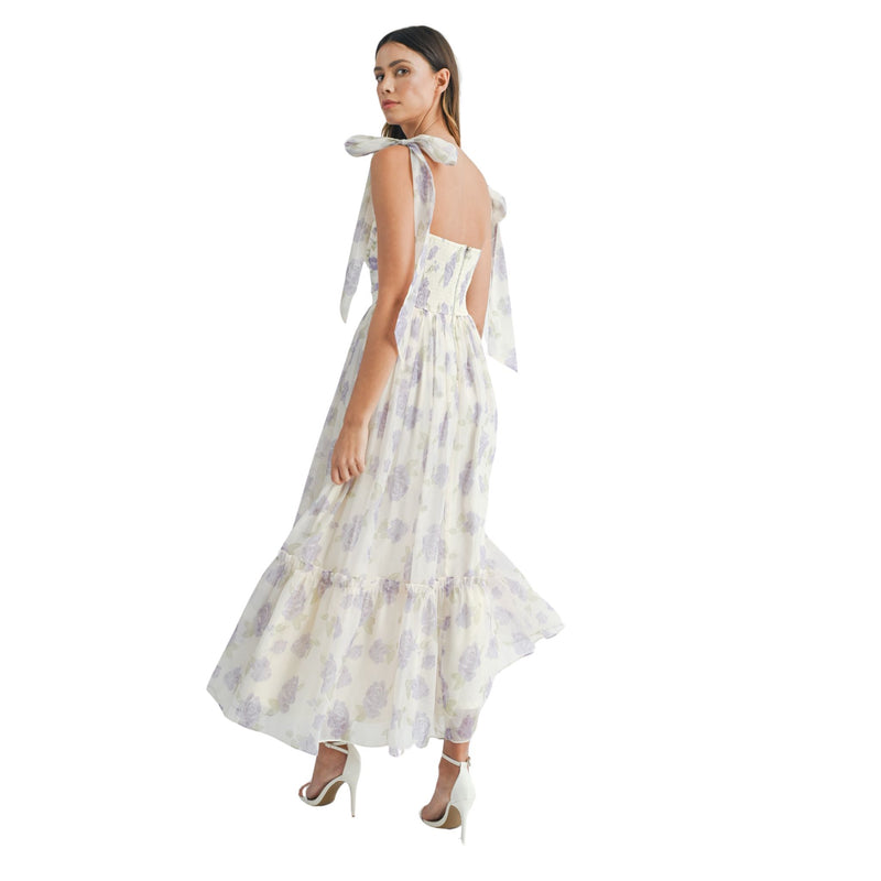 Fiona Floral Midi Dress with Shoulder Tie