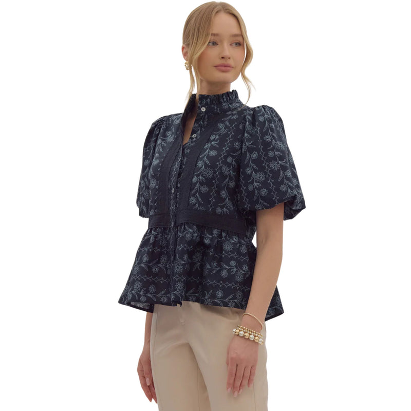 Mina Midnight Navy Floral Puff Sleeve Top