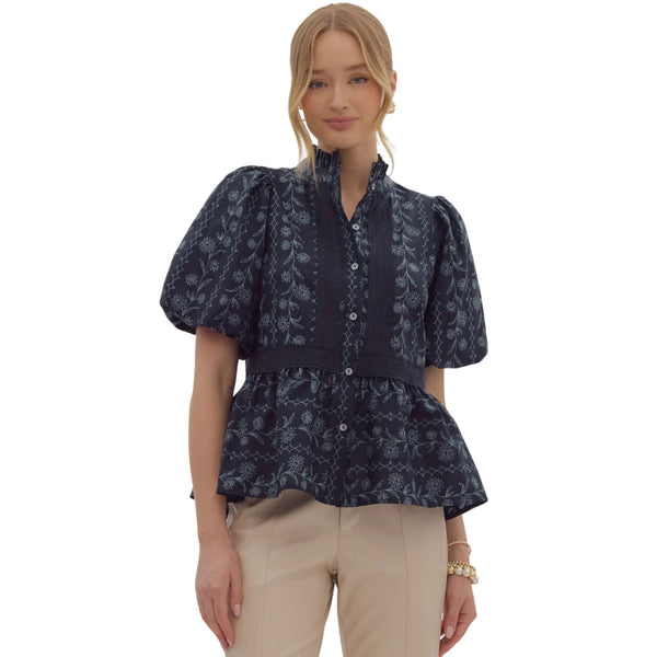 Mina Midnight Navy Floral Puff Sleeve Top