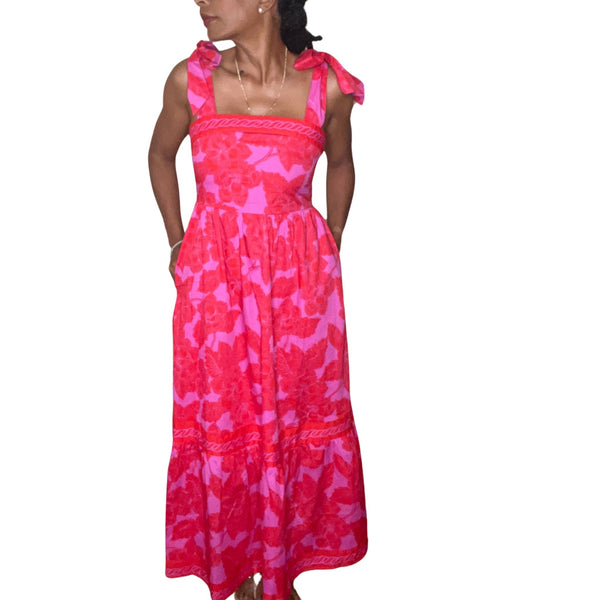 Gia Floral Pink and Red Smocked Maxi Dress