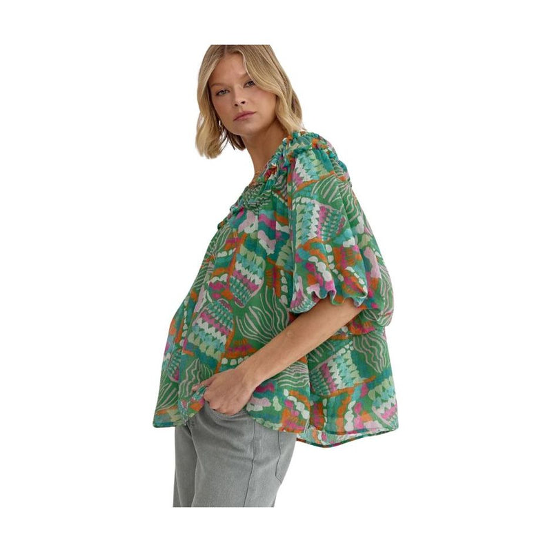 Entro Green Mixed Print Top