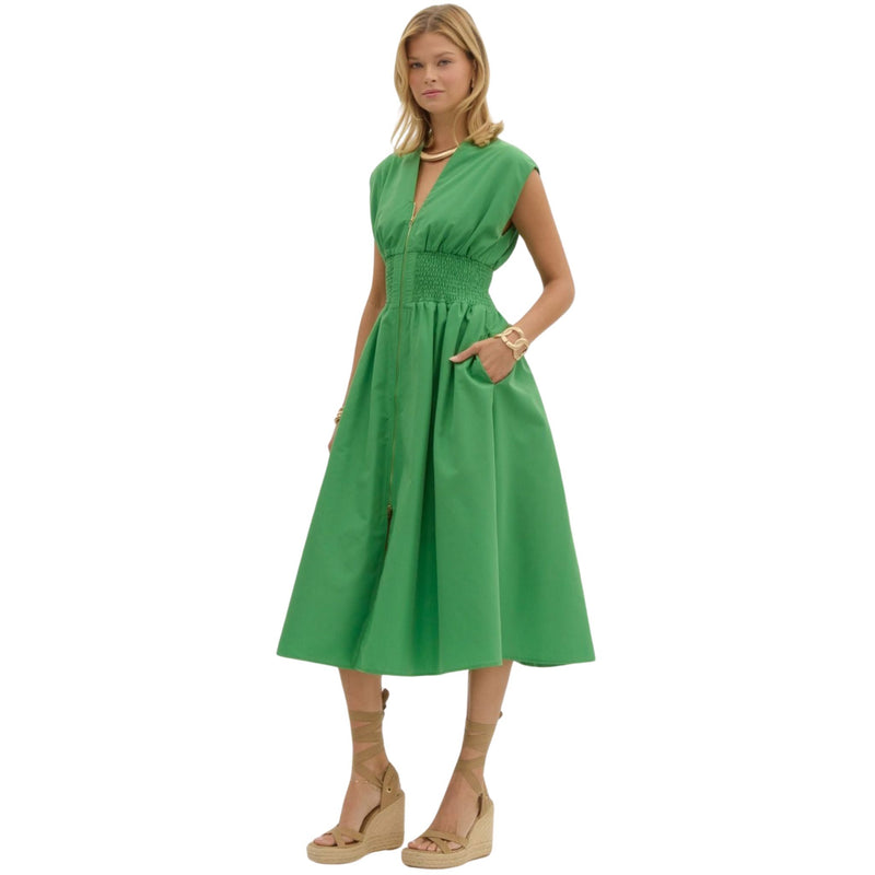 Harper Green Solid V-Neck Midi Dress