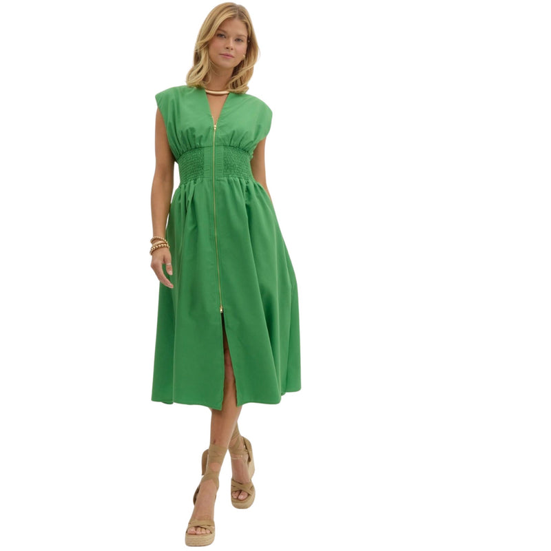 Harper Green Solid V-Neck Midi Dress