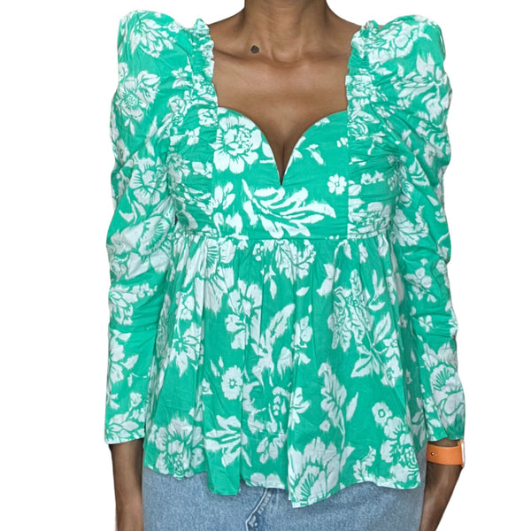 Kim Floral Print Long Sleeve Top Featuring Princess Neckline