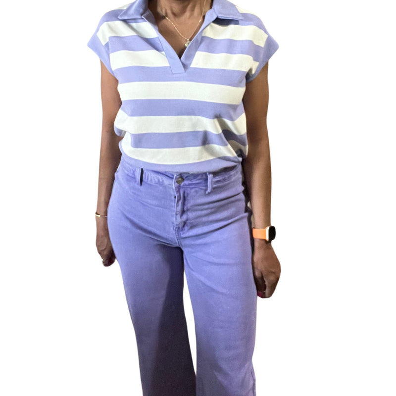 Lavender short sleeve stripe top