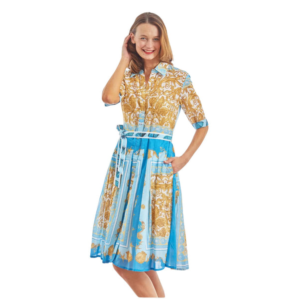 MRS MAISEL DRESS BLUE GOLD SCROLL PRINT VOILE BY DIZZY LIZZIE