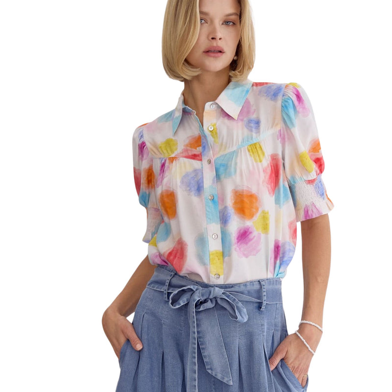 Multi Color Short Sleeve Button Down Top