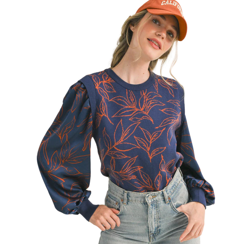 Lea Navy Rust Mixed Media Top