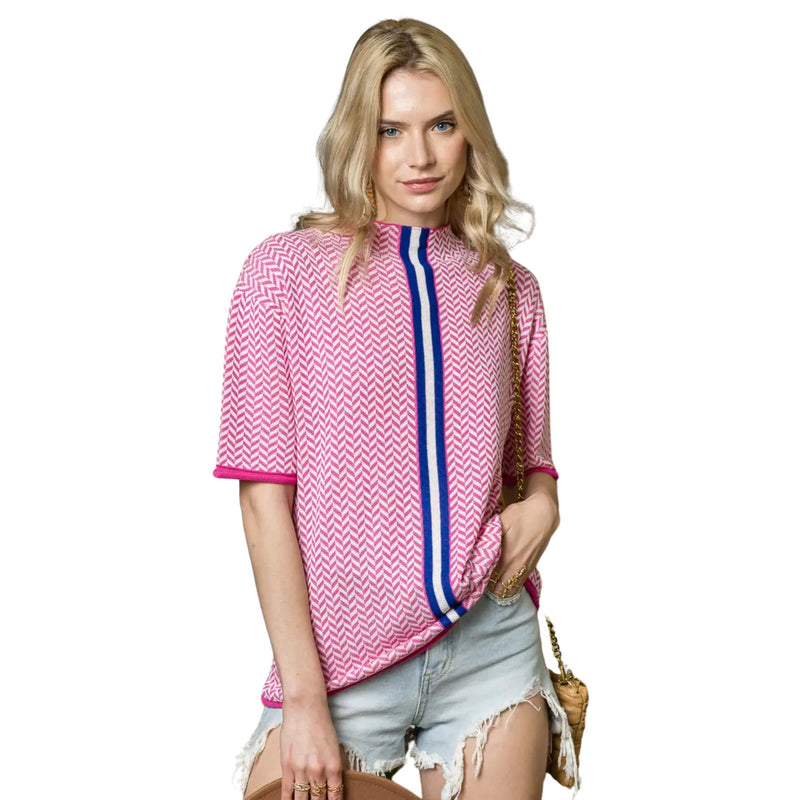 Pink Print Short Sleeve Knit with Contrast - FINAL SALE