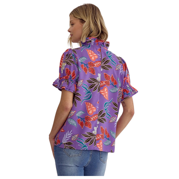 Purple Leaf Print Mock Neck Top