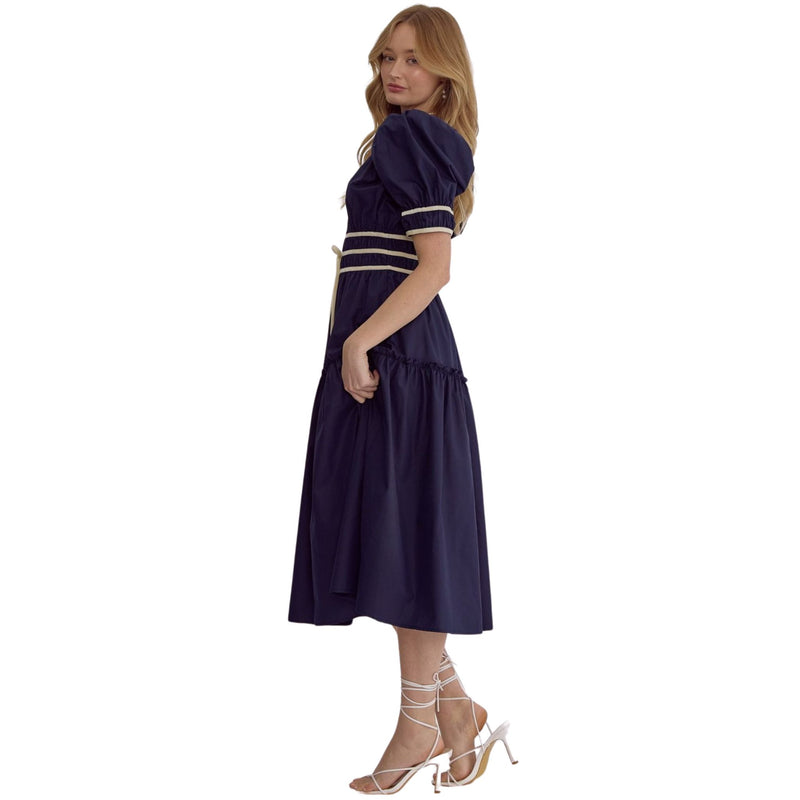 Navy Round Neck Puff Sleeve Midi Dress