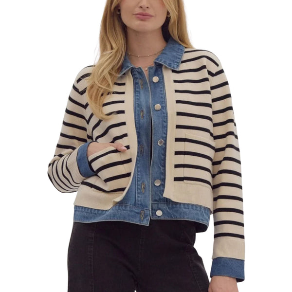 Ally Stripe Layered Cardigan over Denim Jacket